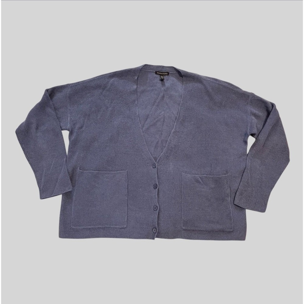 Eileen Fisher Linen Blend Button Front Cardigan Pockets V-neck Blue Womens Small